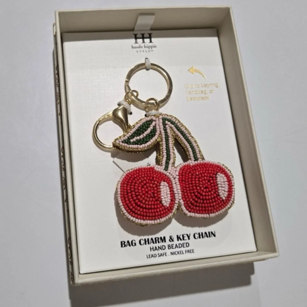 HAUTE HIPPIE STYLE Hand-Beaded Crafted Cherry Keychain Bag Purse Charm NEW NWT